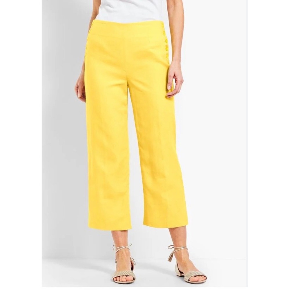 Talbots Petites Irish Linen Wide Leg Crop Pants Chartreuse Green 12P